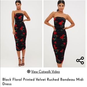 Black Floral Printed Velvet Ruched Bandeau Dress